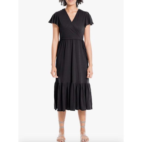 Max Studio Solid Black Flutter Short Sleeve Faux Wrap Midi Dress Size Large - Picture 1 of 13